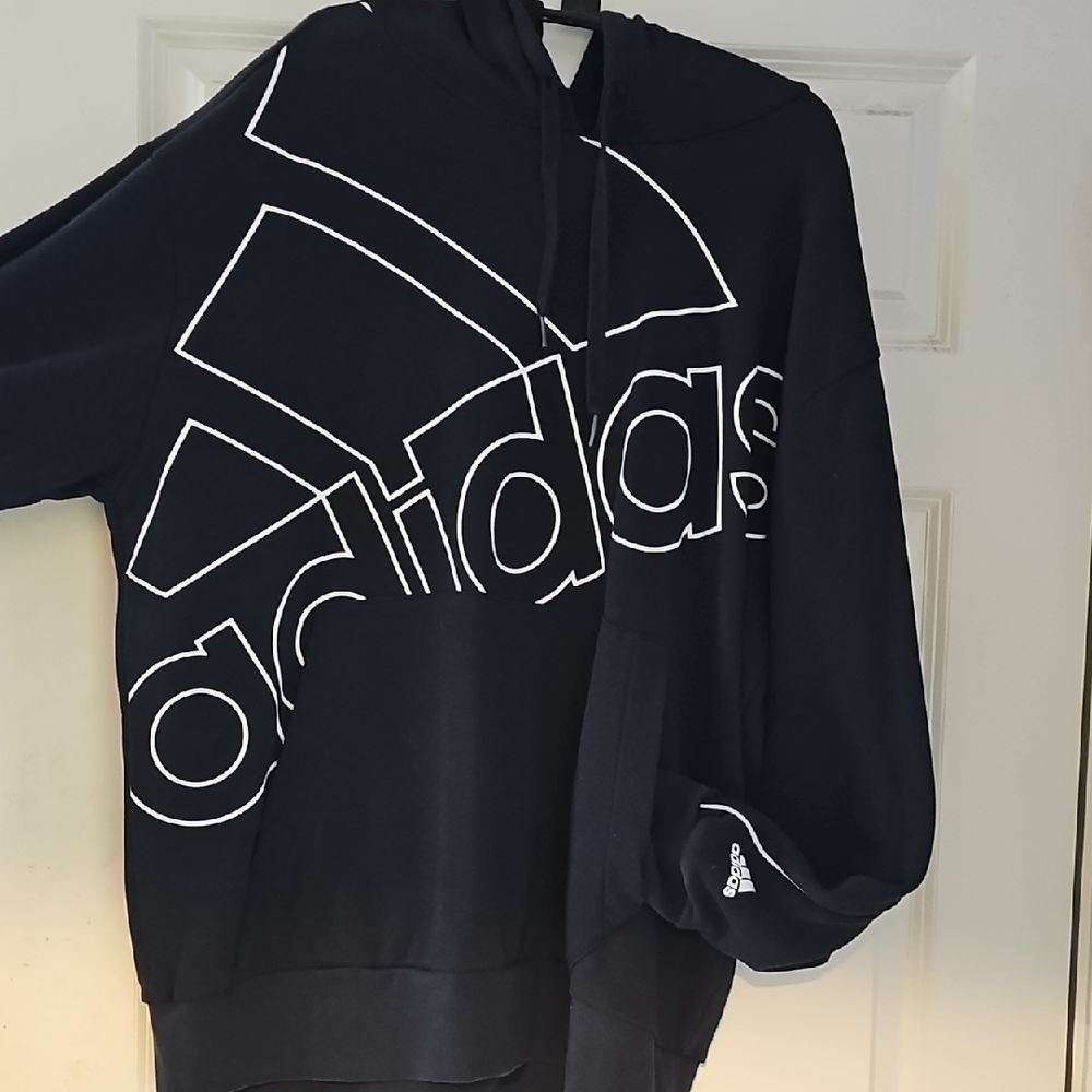 Adidas Women's Black Hoodie with White Outline Logo Large